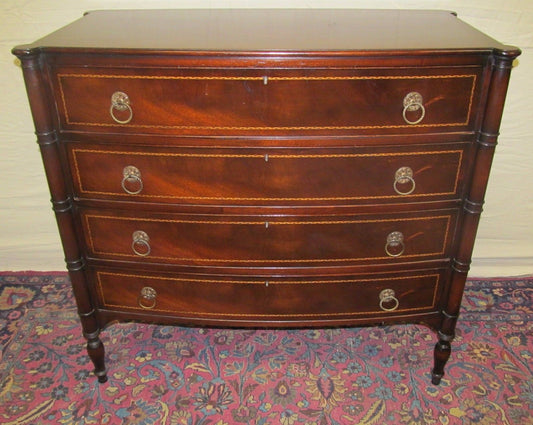 FEDERAL STYLE INLAID MAHOGANY BOW FRONT DRESSER WITH COOKIE CORNERED TOP