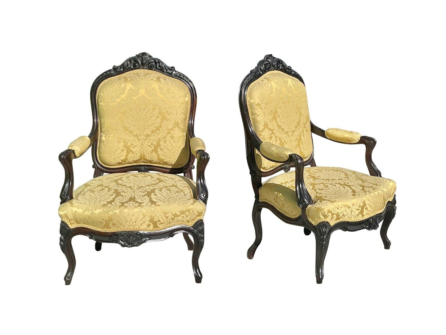 Pair of Louis Xiv Ebonized Rosewood Fauteuil a La Reine Arm Chairs in Satin Gold