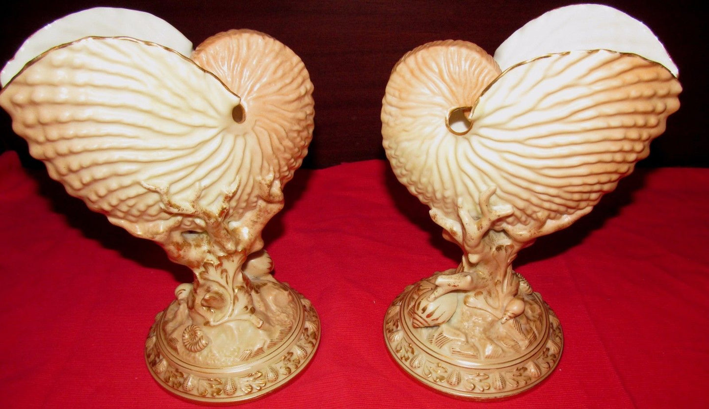 PAIR OF ANTIQUE ROYAL WORCESTER NAUTILUS SHELL FORMED VASES