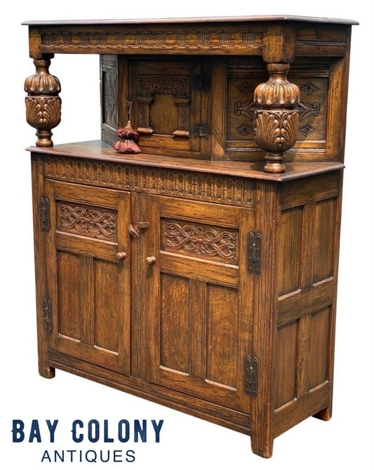 19th C Antique Tiger Oak Carved Jacobean Style Court Cupboard / Sideboard