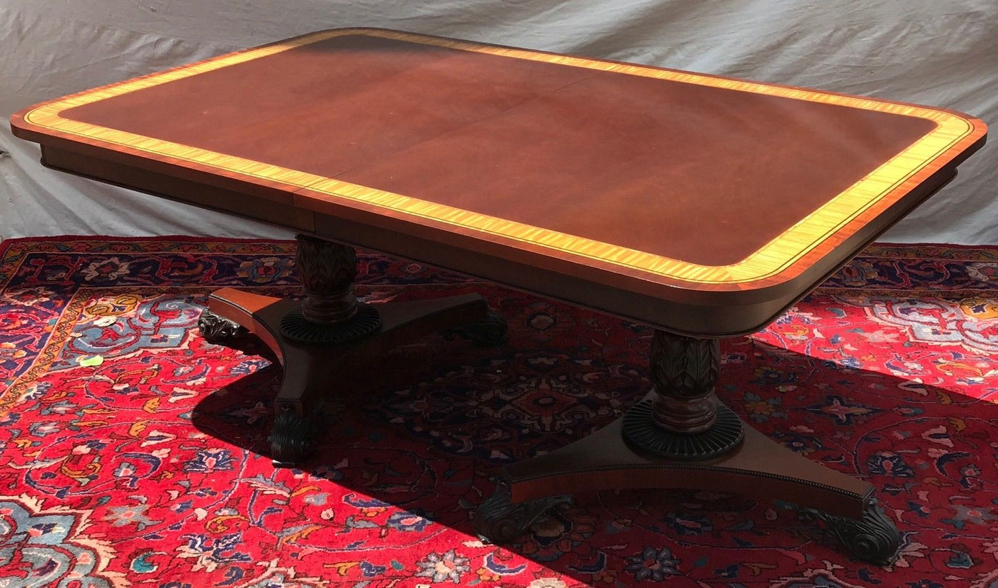 BAKER FURNITURE MAHOGANY SATINWOOD INLAID 10' TABLE ON CARVED PEDESTAL BASES