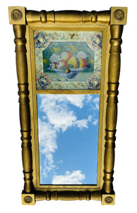 19TH C ANTIQUE SHERATON GOLD GILT MIRROR W/ REVERSE PAINTED BASKET OF FRUIT