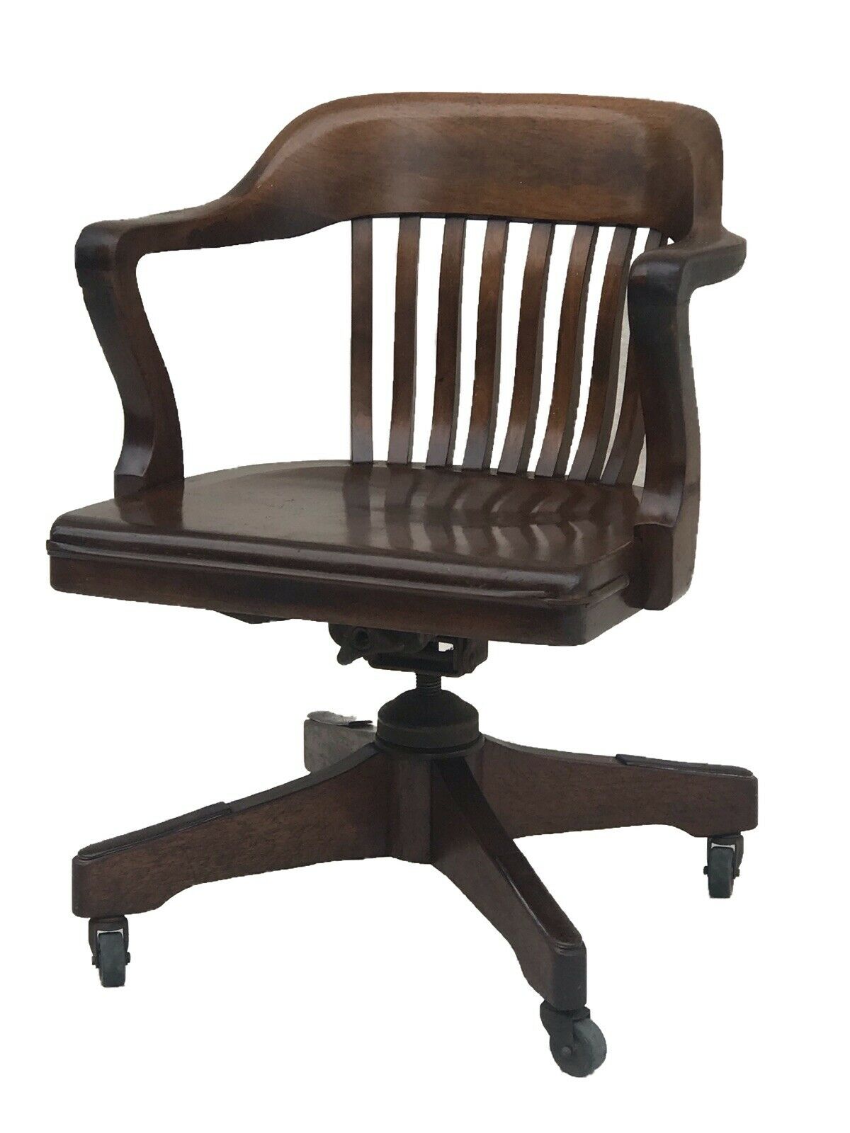 ANTIQUE WALNUT BANK OF ENGLAND OFFICE DESK SWIVEL ARM CHAIR BY TAYLOR CHAIR CO.