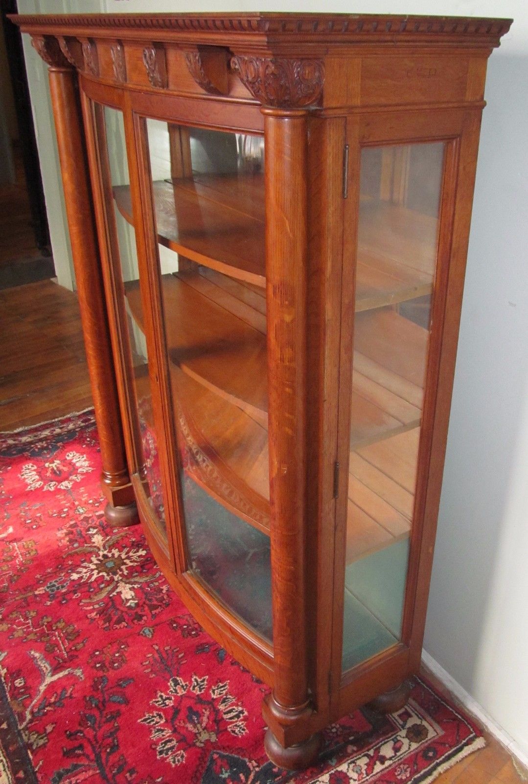 19TH CENTURY VICTORIAN CARVED OAK CURVED GLASS CHINA CABINET - PAINES FURNITURE