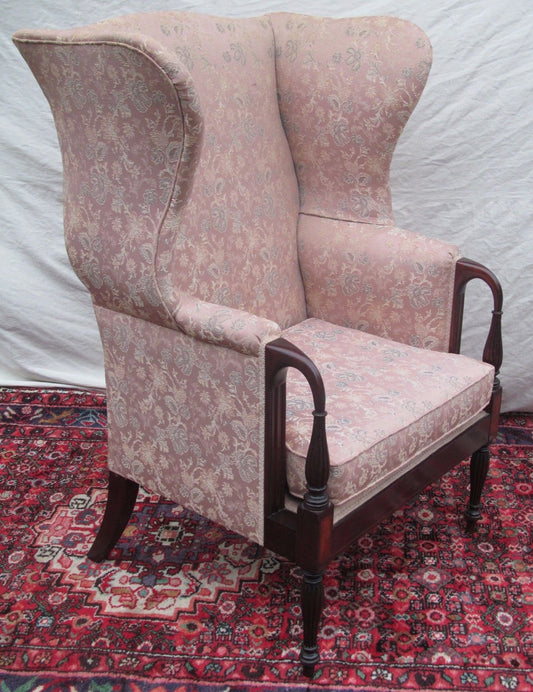 CHIPPENDALE STYLED WINGBACK CHAIR WITH RARE INLAID PANELS & FORMED CARVED ARMS