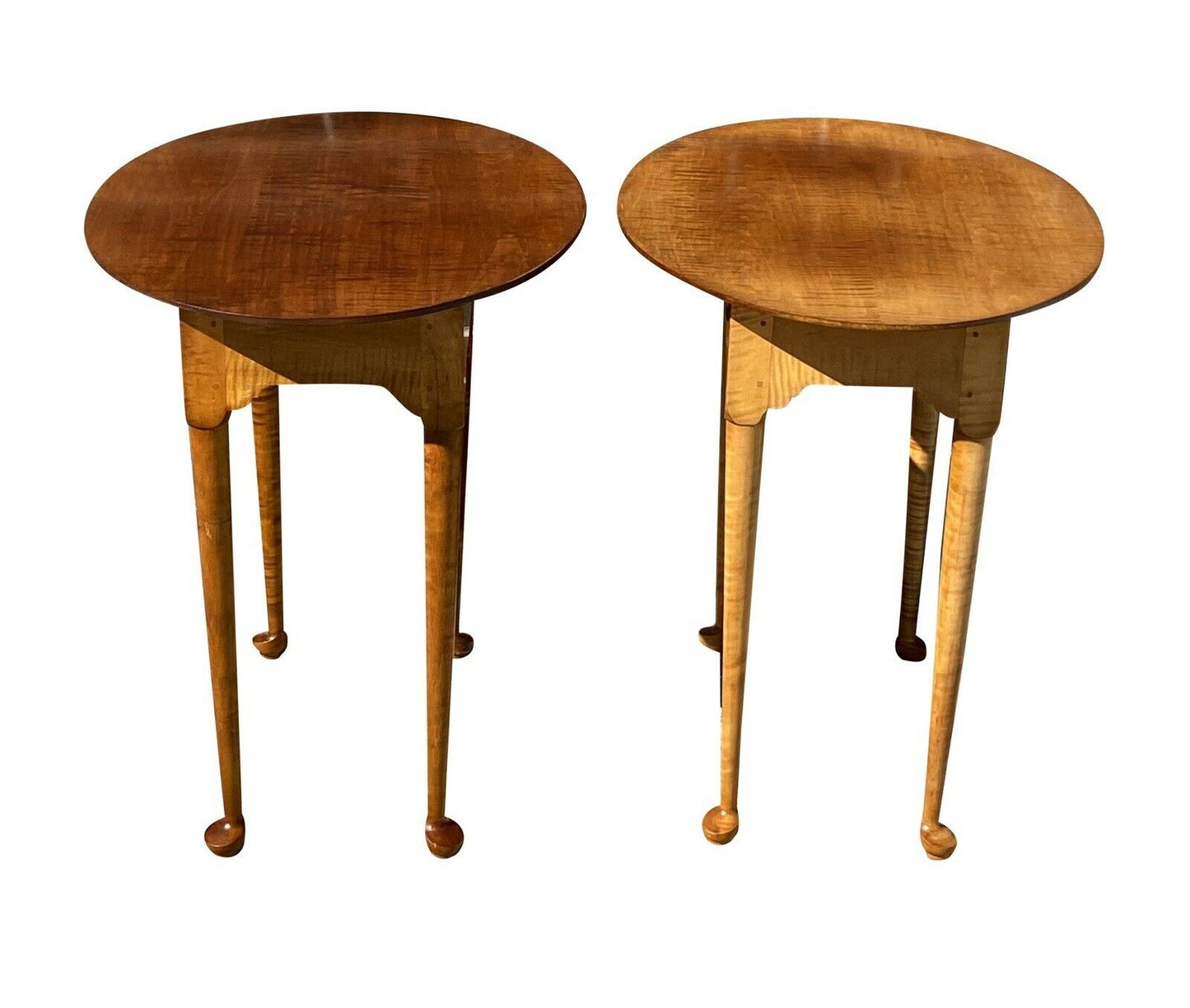 20th C Queen Anne Antique Style Pair of Tiger Maple End Tables / Nightstands