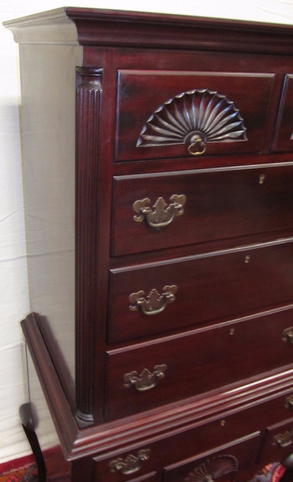 TRIPLE SHELL CARVED 2 PC CHEST ON CHEST SOLID MAHOGANY CHIPPENDALE HIGHBOY