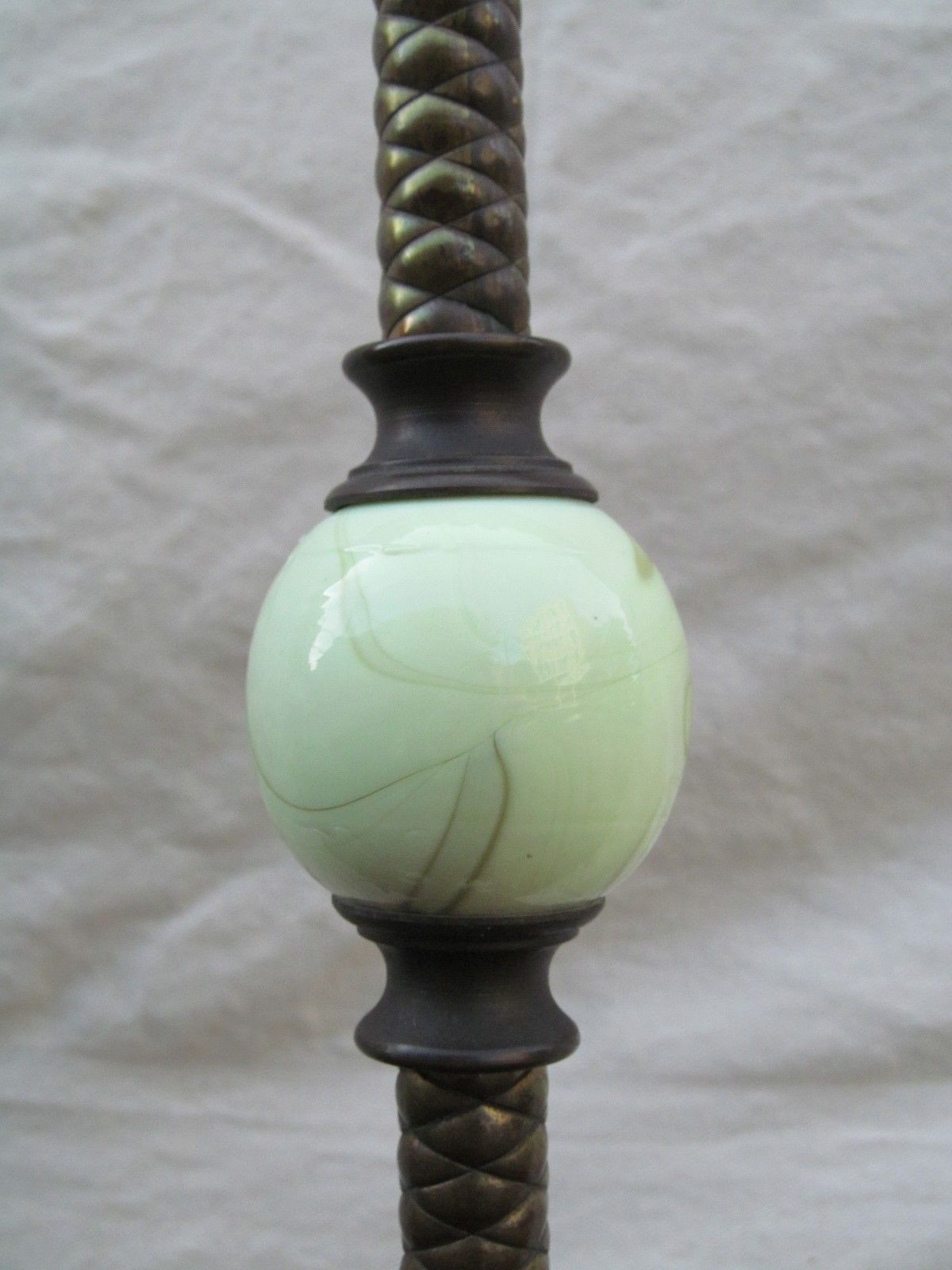 PAIR OF ART NOUVEAU GREEN SLAG GLASS ANTIQUE BRIDGE LAMPS