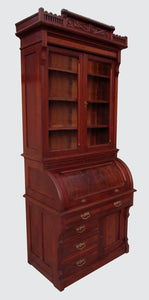 EXCELLENT VICTORIAN BLACK WALNUT CYLINDER ROLL TOP SECRETARY DESK