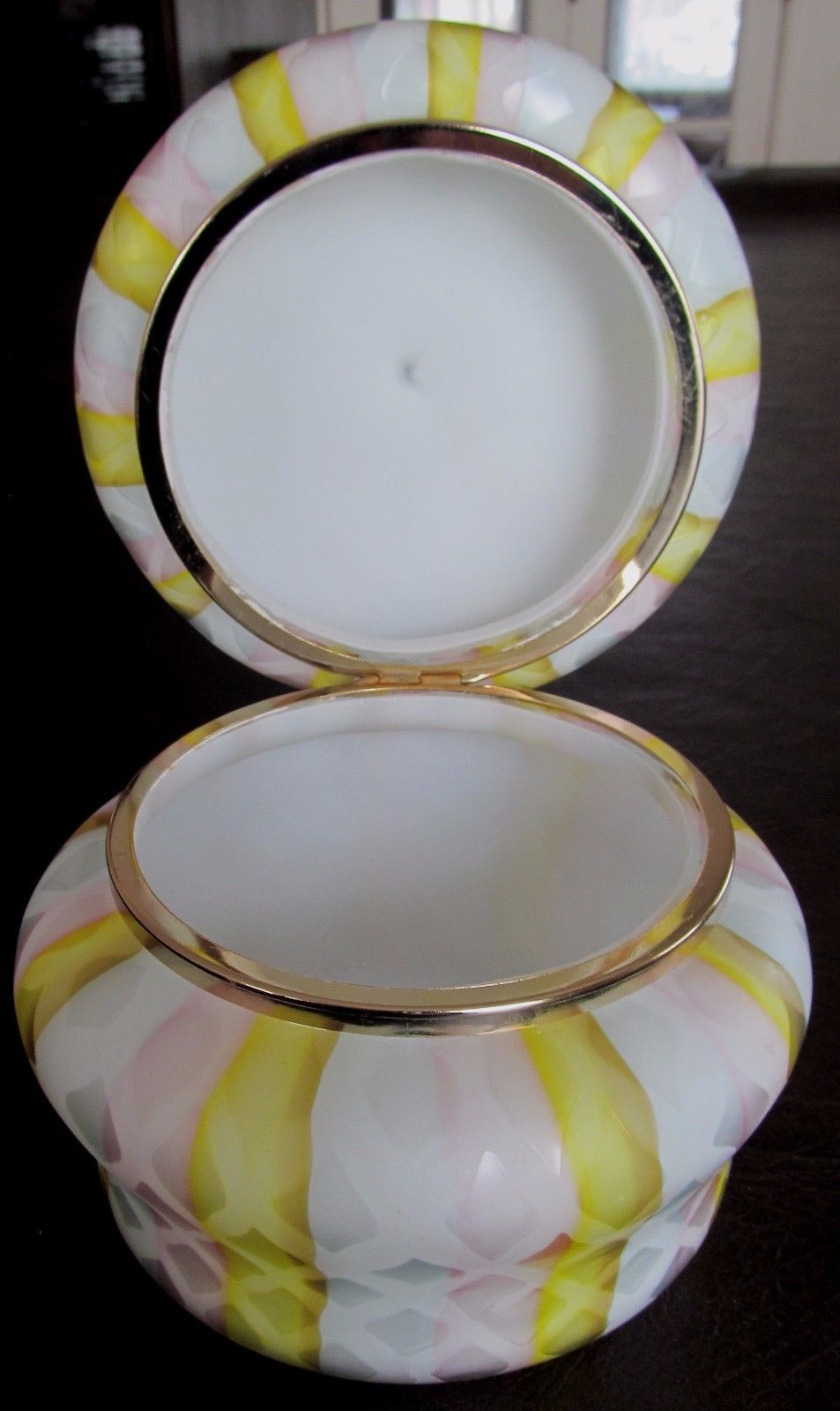 SANDWICH SATIN GLASS TRINKET BOX WITH COLORFUL SWIRLED PATTERNS