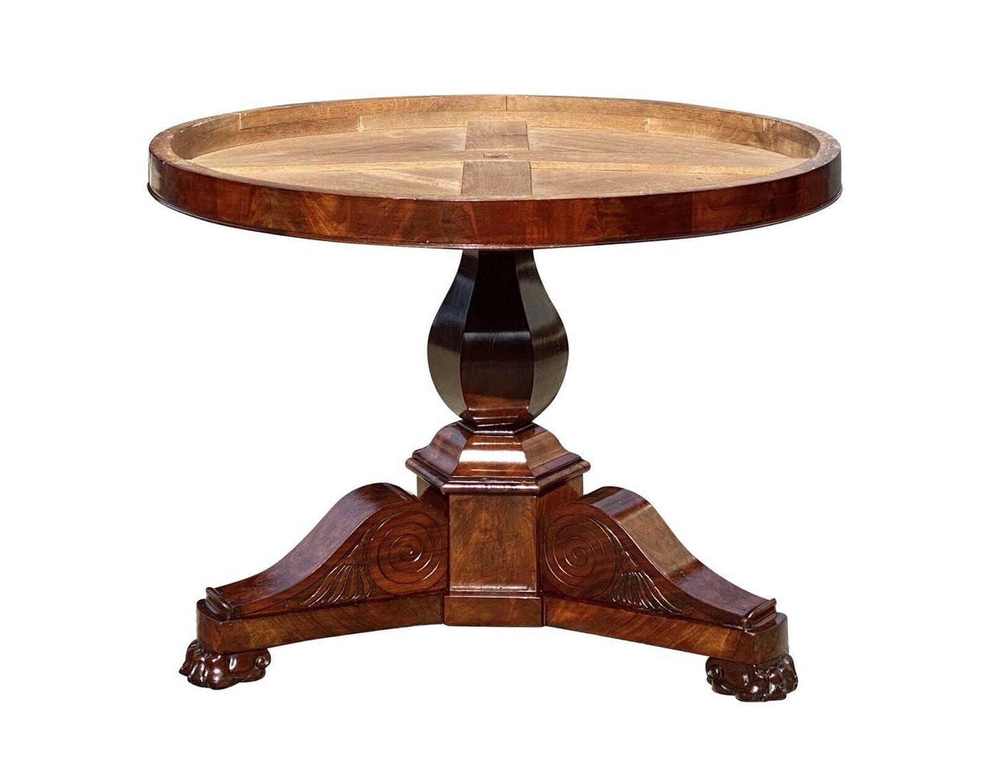 19th C Antique Mahogany Round Empire Parlor Table With Onyx Dish Top