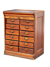 Load image into Gallery viewer, 19TH C ANTIQUE TIGER OAK GLOBE 12 DRAWER TAMBOUR OFFICE FILE CABINET