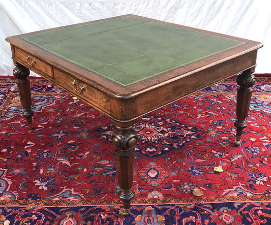 VICTORIAN OAK GOTHIC STYLE PARTNER'S DESK - OUTSTANDING GREEN LEATHER TOP