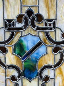 19TH C ANTIQUE VICTORIAN MULTI COLOR STAINED GLASS WINDOW ~ HERALDRY DESIGN