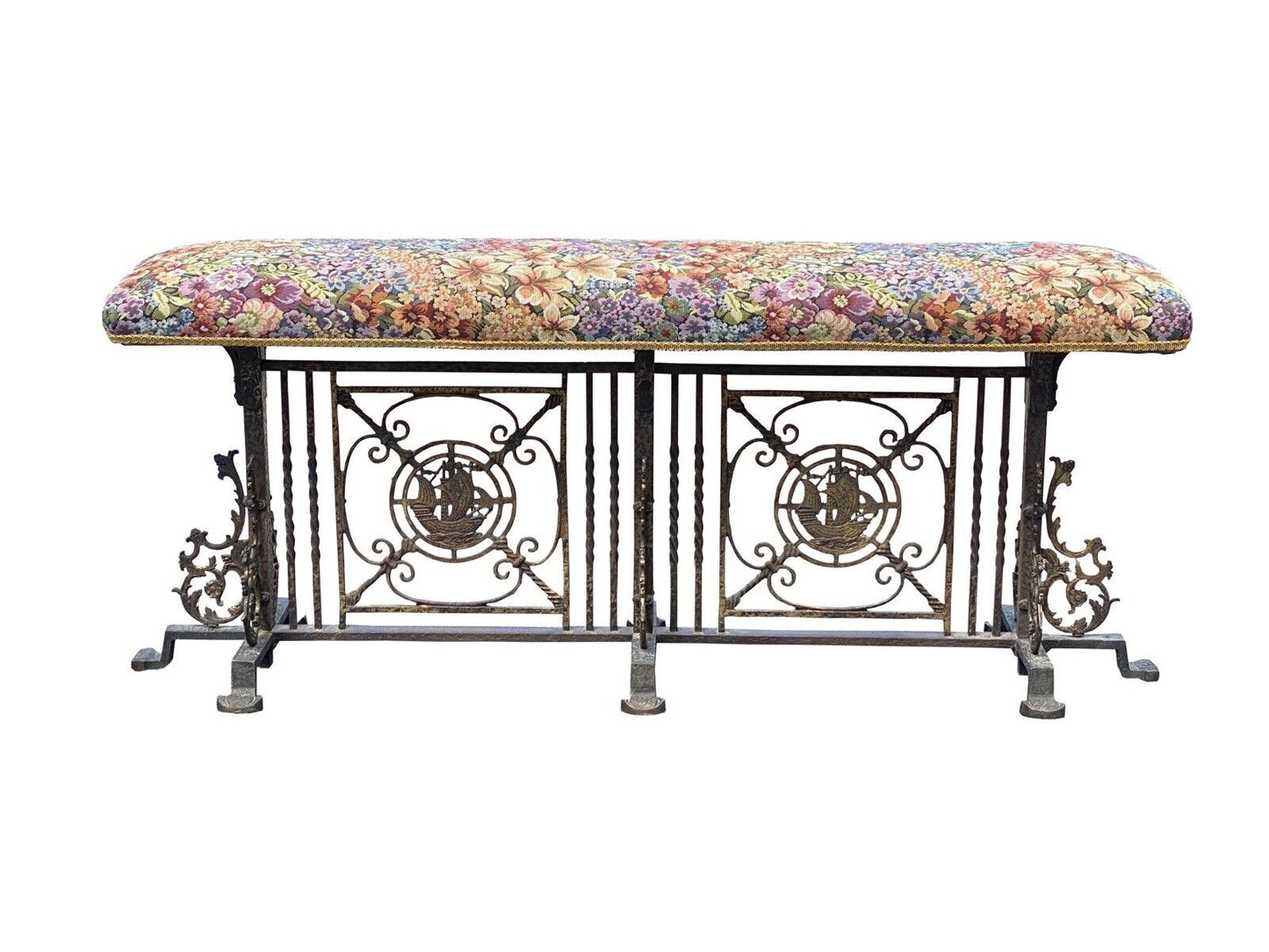 Arts & Crafts Wrought Iron & Bronze Window Bench With Nautical Ships- Oscar Bach