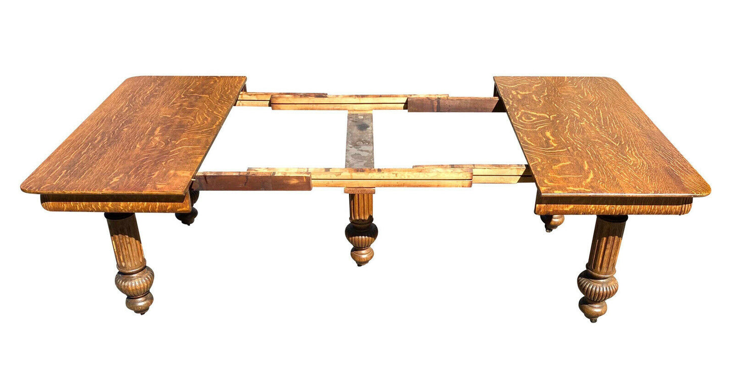 19TH C ANTIQUE VICTORIAN TIGER OAK DINING TABLE W/ CARVED LEGS ~ 48" X 94"
