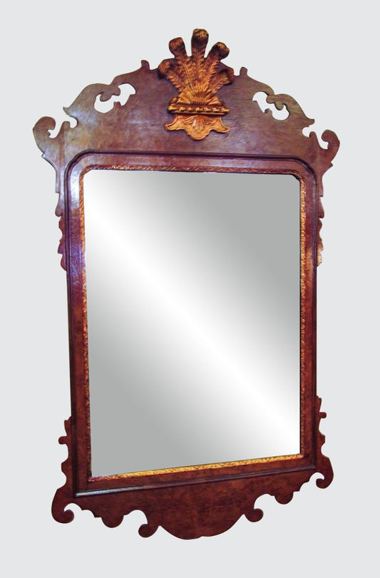 COLONIAL WILLIAMSBURG CHIPPENDALE MIRROR IN BURLED WALNUT WITH GOLDEN PLUME