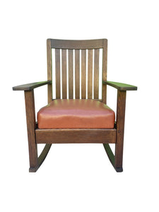Pair of Antique Arts & Crafts Tiger Oak Rocking Chairs With Orange Leather Seats