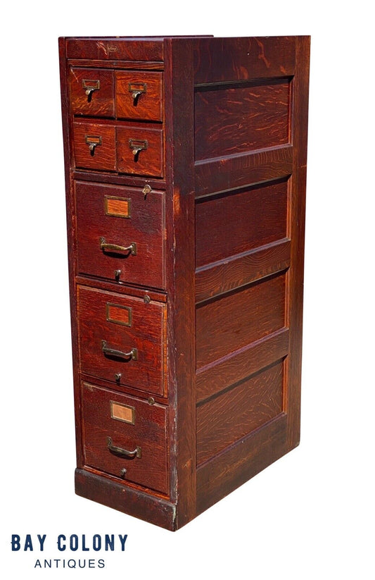 Antique Macey Oak 7 Drawer Wood File Cabinet With Card Catalog - Original Finish