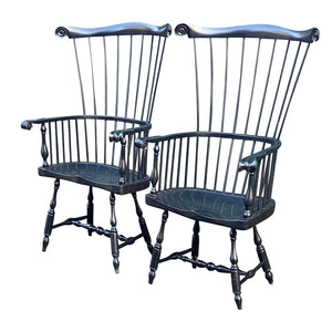20th C Antique Style Pair of Windsor Comb Back Black Painted Arm Chairs