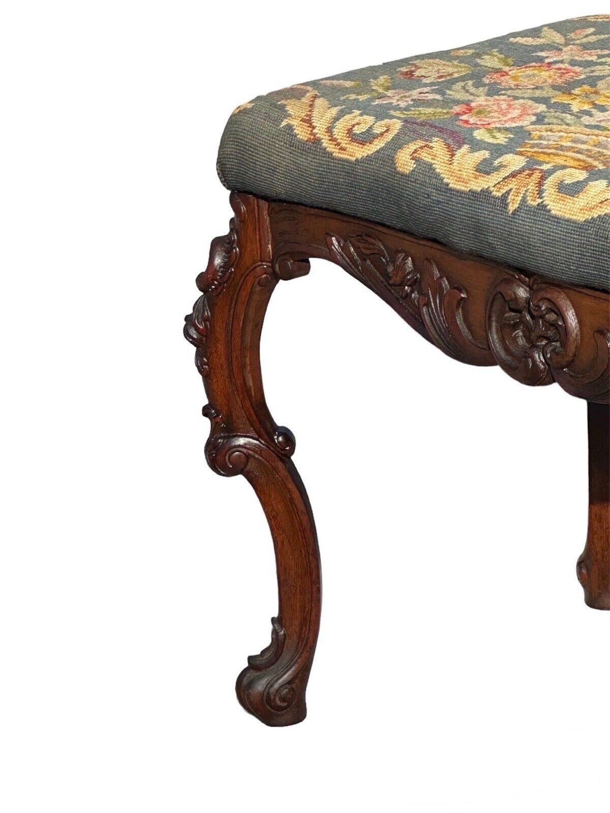 Antique French Louis XV Style Walnut Vanity Bench With Needlepoint Floral Basket