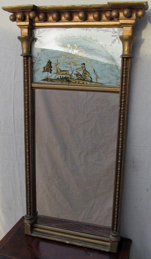 RARE 19TH CENT FEDERAL EGLOMISE PIER MIRROR W/HUNTING SCENE-SUPERIOR SPECIMEN