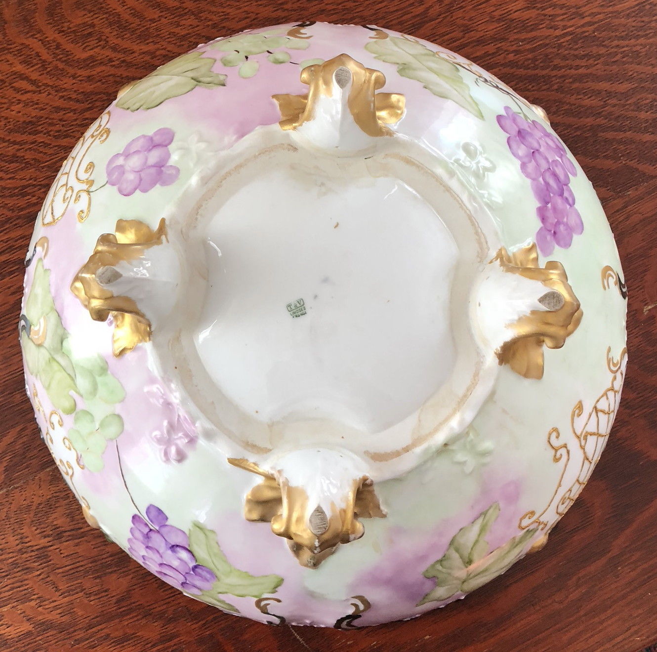 LIMOGES PUNCH BOWL ON GOLD GILT FOLIATE TRI POD FOOTED BASE