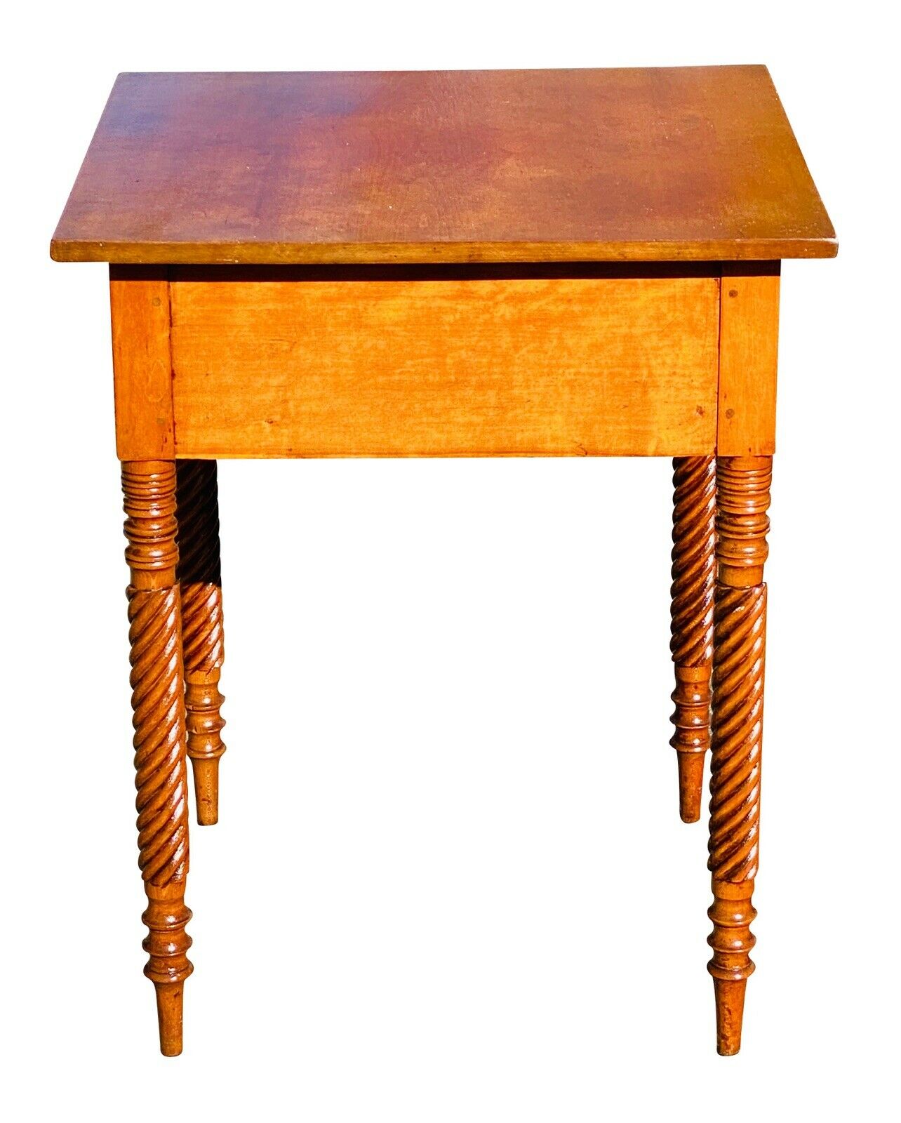 19TH C ANTIQUE COUNTRY SHERATON CHERRY & TIGER MAPLE WORK TABLE / NIGHT STAND