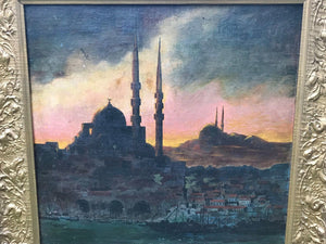 1922 RJ GRUNWALD OIL ON CANVAS VIEW OF ISTANBUL HARBOR ORIENTALIST SCENE - RARE