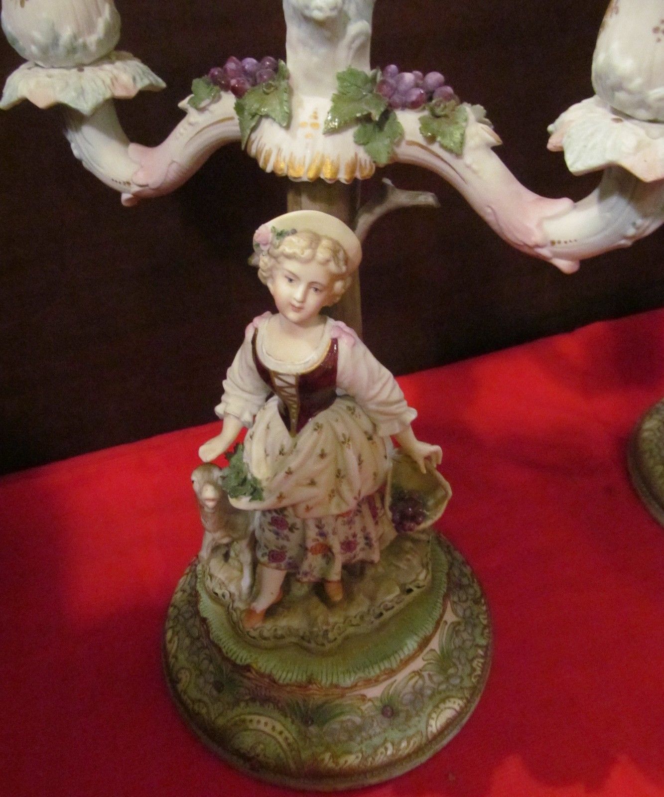 PAIR-DRESDEN FIGURAL CANDELABRA-COURTING COUPLE WITH LAMBS