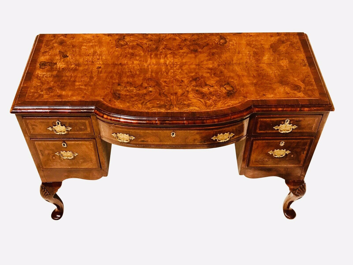 19TH C ANTIQUE ENGLISH QUEEN ANNE REVIVAL BURLED WALNUT DRESSING TABLE / VANITY