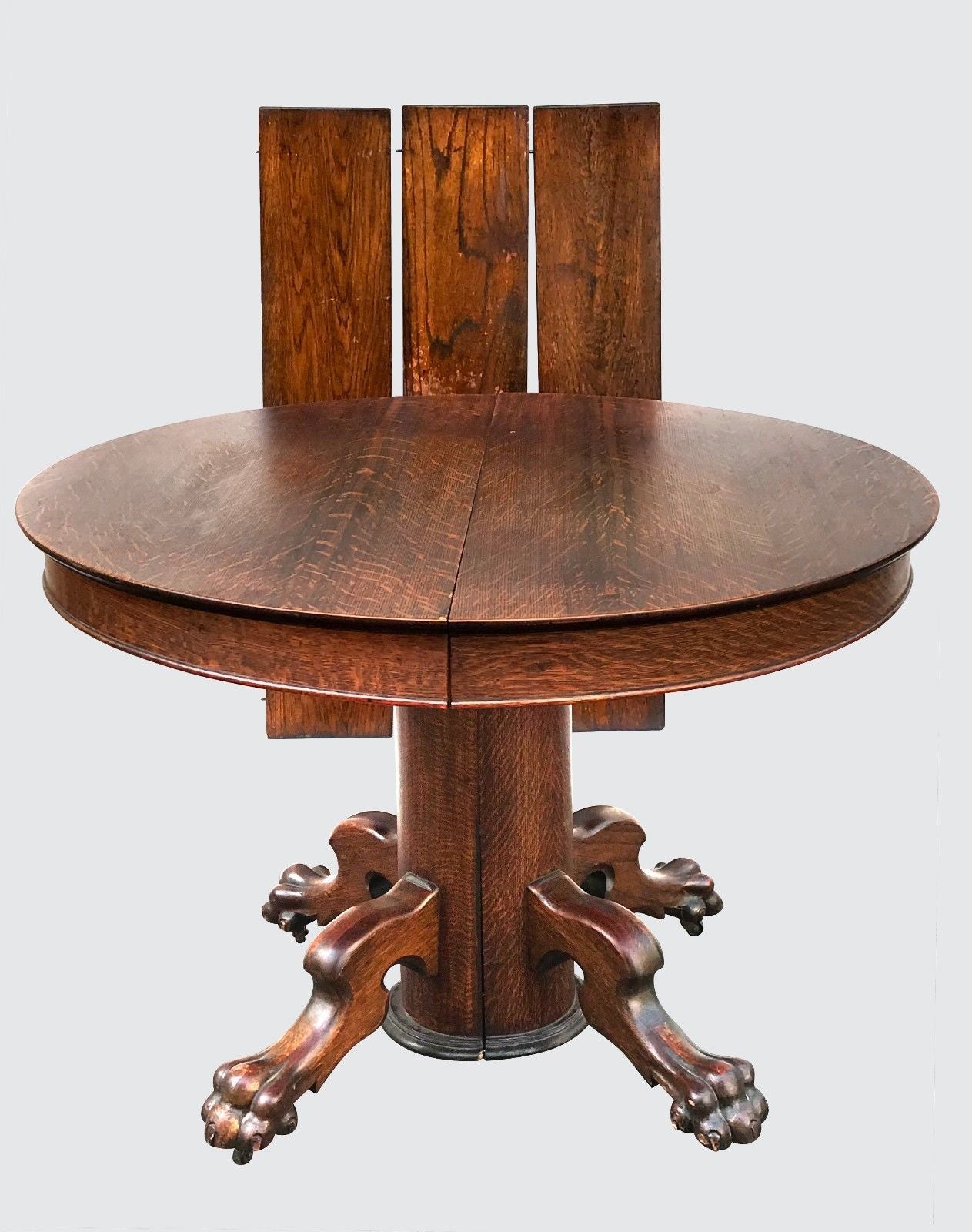 VICTORIAN TIGER OAK DINING TABLE WITH LION PAW BASE & 3 LEAVES-POSSIBLY HASTINGS