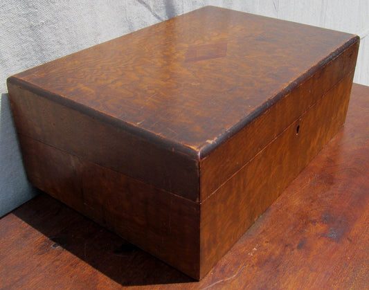 ANTIQUE FIGURED ELM LAP DESK WITH FINE INKWELL & RHOMBUS INLAY