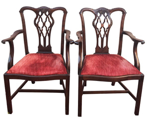 PAIR OF 19TH CENTURY CHIPPENDALE CARVED MAHOGANY ARM CHAIRS WITH ROLLED ARMS