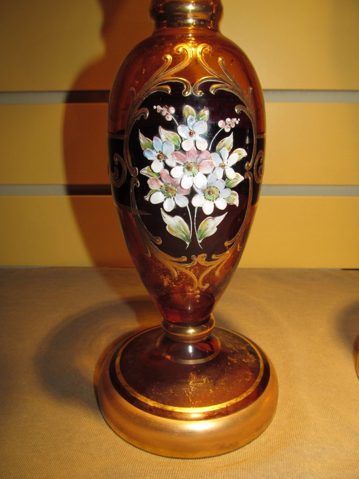 PAIR OF MOSER FLORAL ENAMELED WORKED CANDLESTICKS