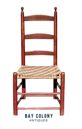 18th C Antique Queen Anne Ladder Back Side Chair - Red Paint & Splint Seat