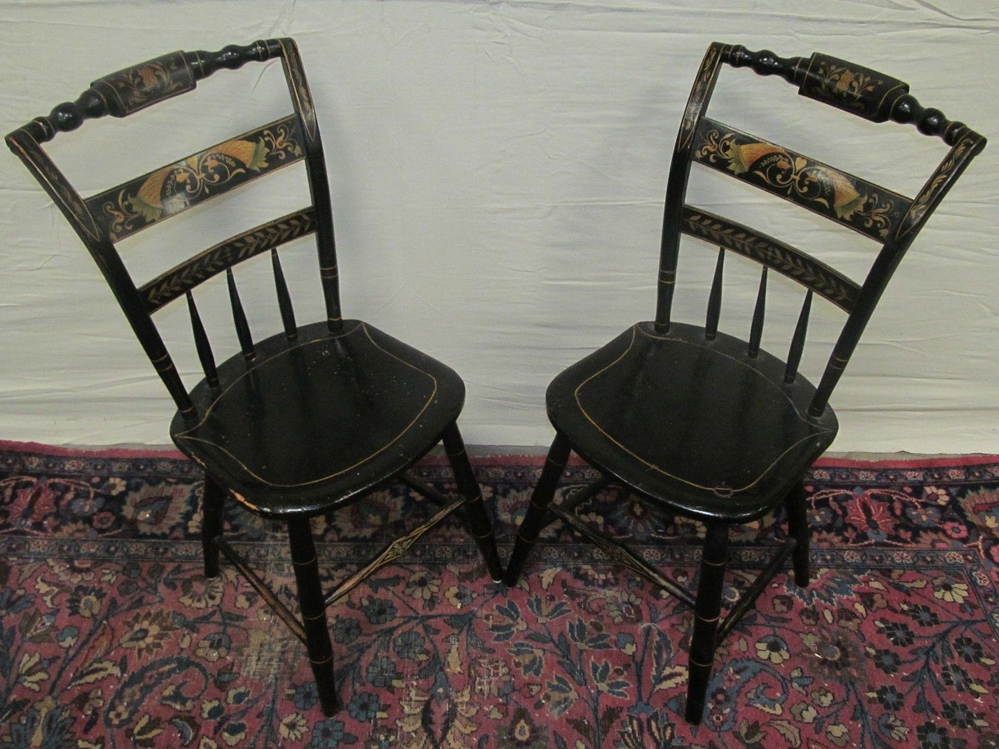 SET OF SIX SHERATON WINDSOR PILLOWBACK FANCY CHAIRS WITH PAINT STENCILED DESIGNS