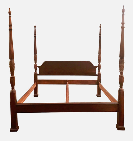 KING SIZED CHERRY FOUR POSTER RICE CARVED PLANTATION CHIPPENDALE STYLED BED