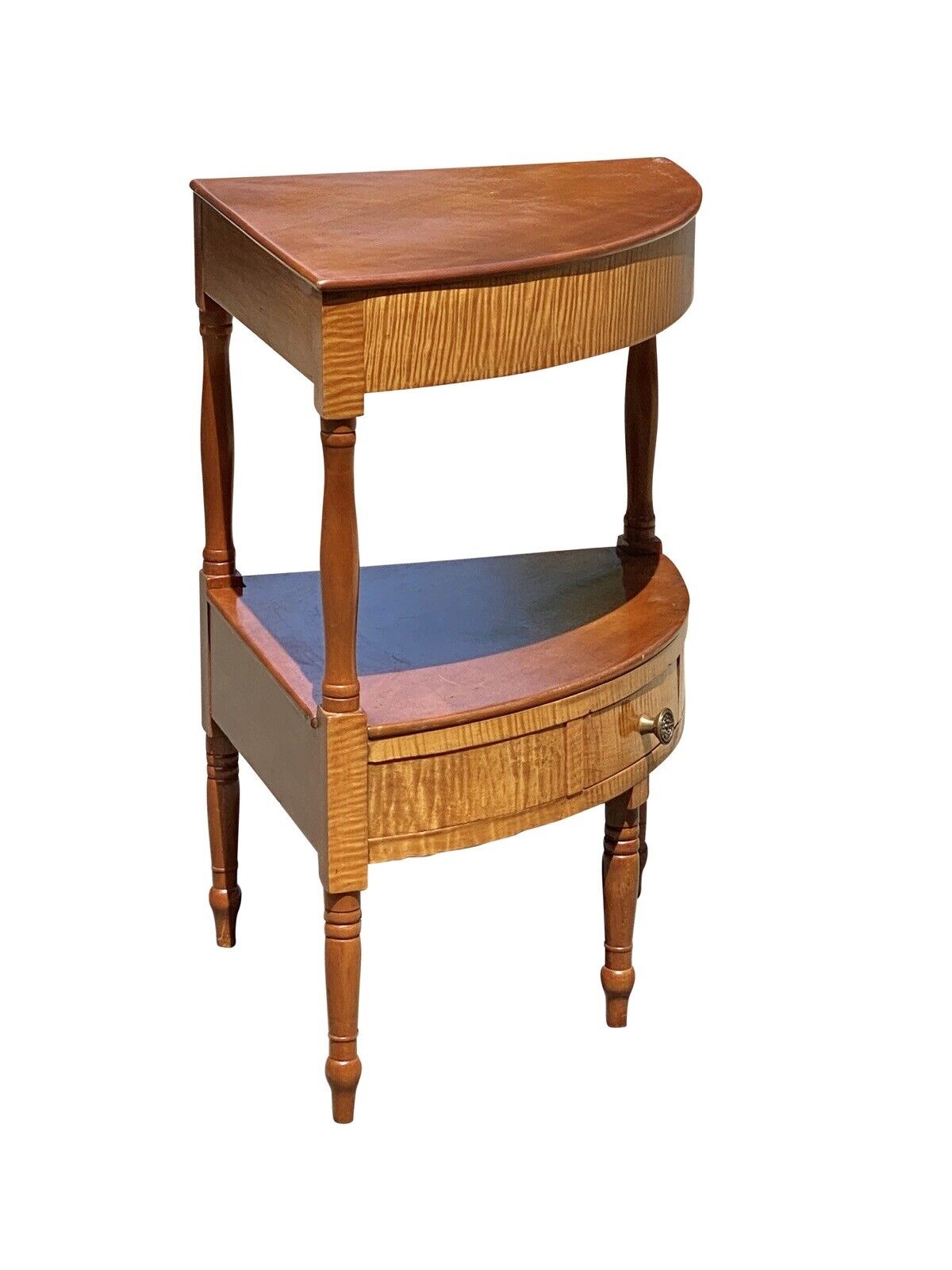 Late 18th Century Antique Federal Tiger Maple & Cherry Curved Corner Wash Stand