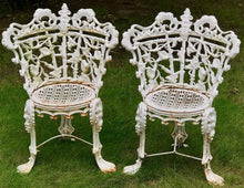 Load image into Gallery viewer, ANTIQUE 19TH C. VICTORIAN CAST IRON GARDEN CHAIRS W/ FLORAL AND VINE DESIGN