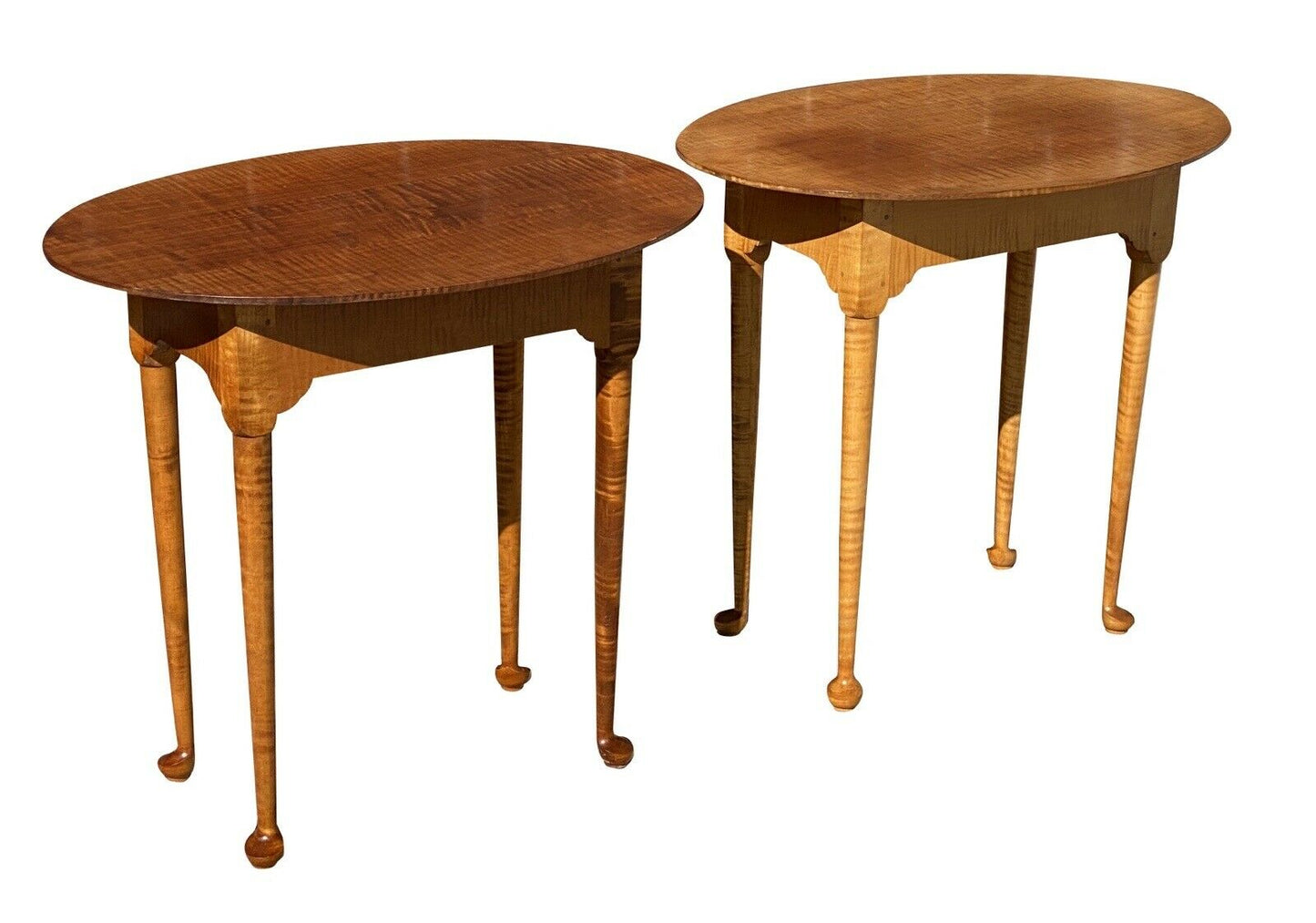 20th C Queen Anne Antique Style Pair of Tiger Maple End Tables / Nightstands