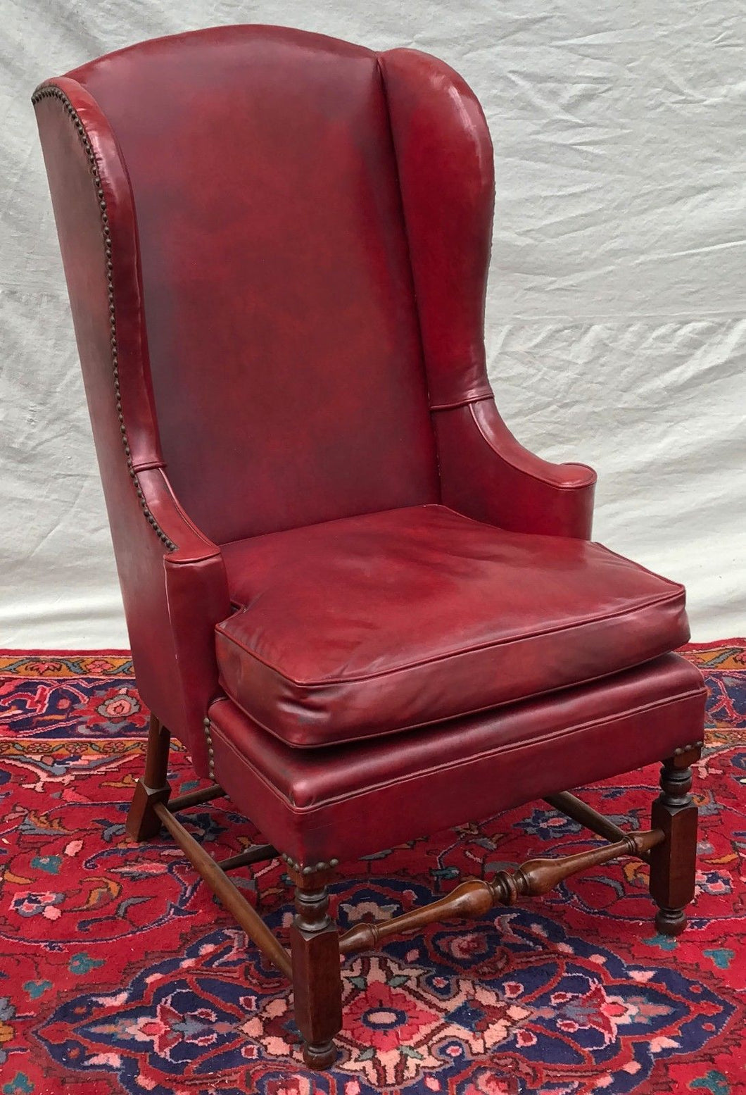LEATHER ANTIQUE WILLIAM & MARY STYLED WING CHAIR