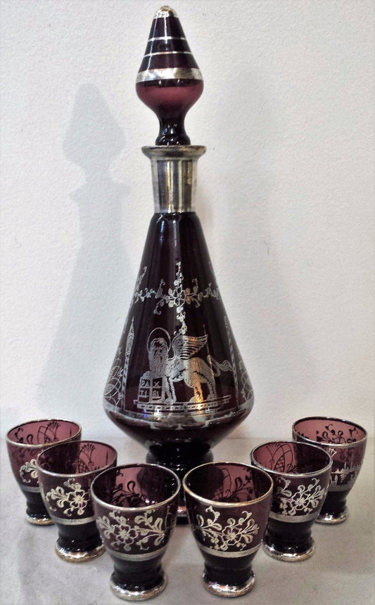 7 PC. ART NOUVEAU SILVER OVERLAID AMETHYST GLASS DECANTER AND CORDIAL SET