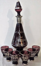 Load image into Gallery viewer, 7 PC. ART NOUVEAU SILVER OVERLAID AMETHYST GLASS DECANTER AND CORDIAL SET