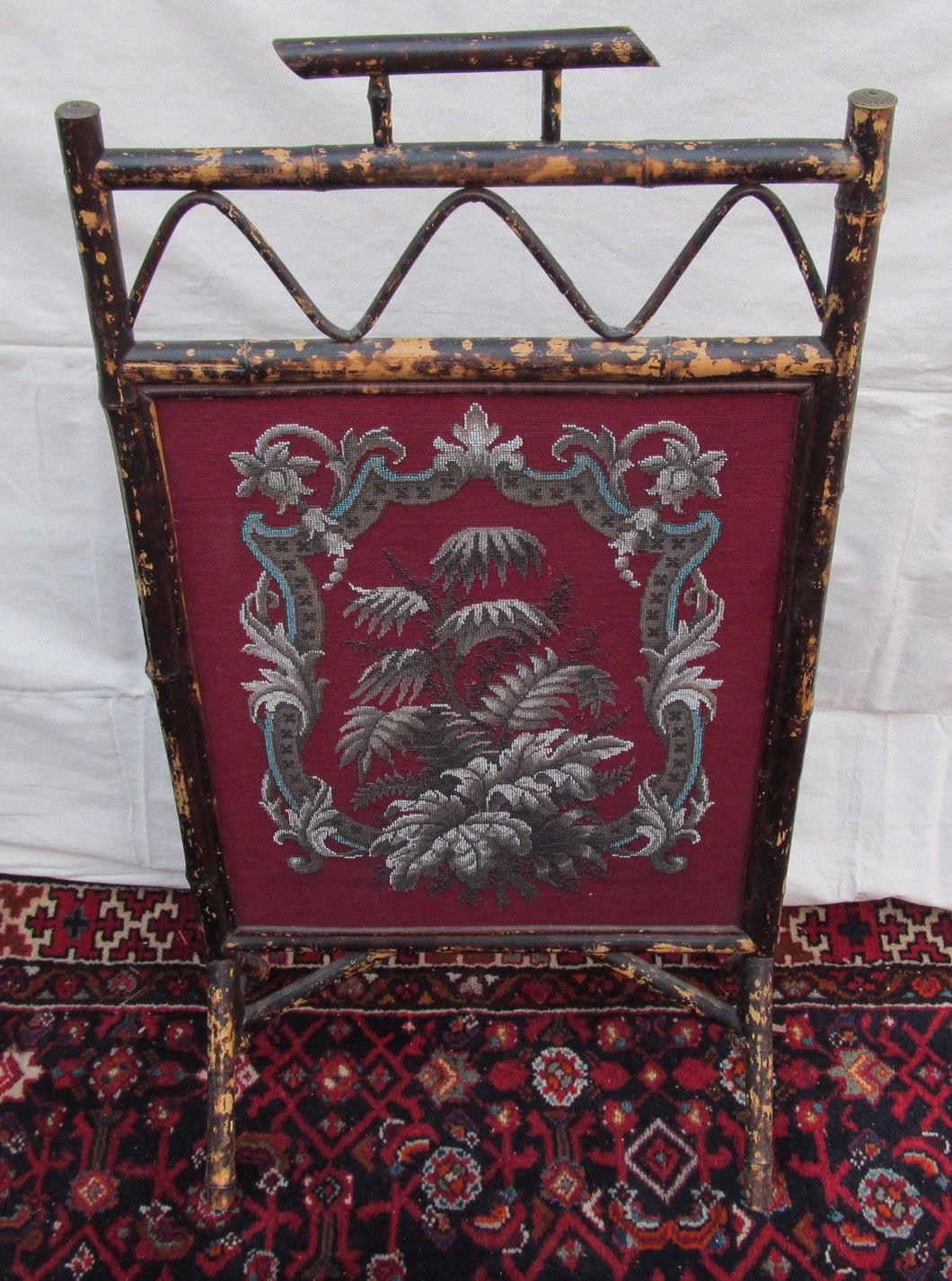 BEAUTIFUL VICTORIAN BAMBOO FIRESCREEN WITH FLORAL GLASS BEAD WORK DECORATION