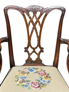 19th C Antique Chippendale Style Carved Mahogany Desk Chair W/ Needlepoint Seat