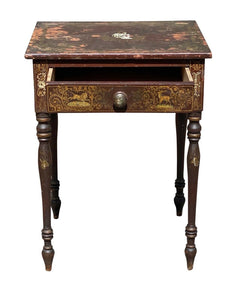 19th C Antique New England Sheraton Chinoiserie Painted Work Table / Nightstand