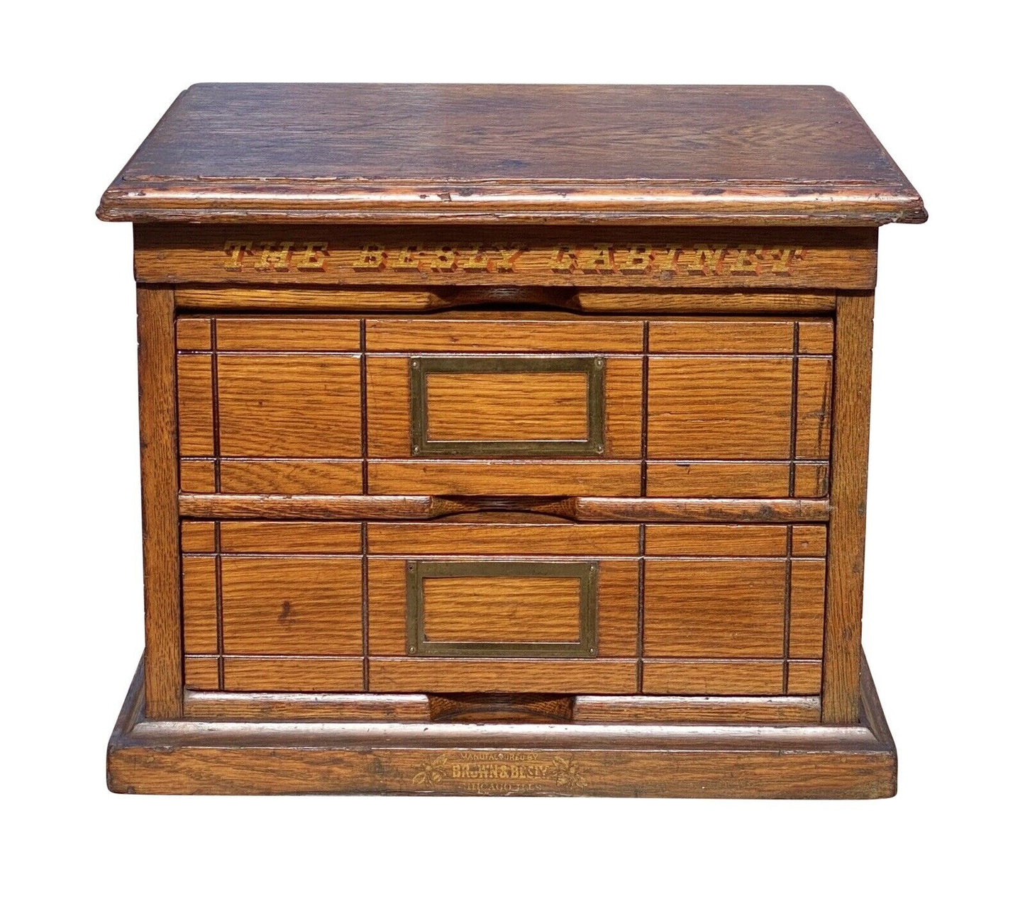 20th C Antique Industrial Oak 2 Drawer Desktop Brown & Besly Letter File Cabinet
