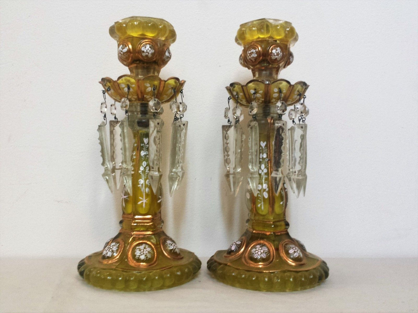 PAIR OF ANTIQUE OPALINE GLASS LUSTERS WITH FACETED CRYSTAL PRISMS & ENAMEL WORK