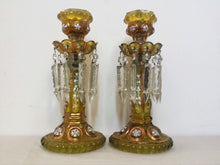 Load image into Gallery viewer, PAIR OF ANTIQUE OPALINE GLASS LUSTERS WITH FACETED CRYSTAL PRISMS &amp; ENAMEL WORK